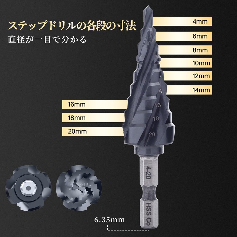 ROGAPER 5 PACK Step Drill, 4 Blades, Hexagonal Shaft Step