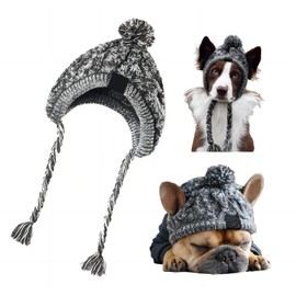 Pet Pompom Knitted Hat, FainFun Knitted Warm Windproof Dog Hat, Windproof Pet Headgear for Winter, Grey Knitted Dog Caps, Fluffy Warm Dog Hat with Long Braid, S