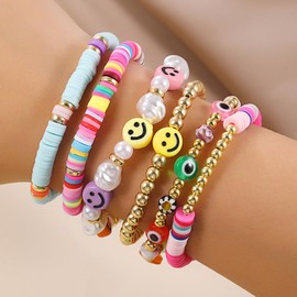 RINTOLER Friendship Bracelets for Women - Heishi Surfer Colorful Smile Evil Eye Clay Beaded Stretch Bracelets Elastic Layering - Stackable Boho Disc Y2K Aesthetic Summer Jewelry Set., adjustable,