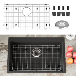 Stainless Steel Sink Protector 26-1/8" x 14-1/8" with Rear Drain, Metal Sink Rack for Bottom of Sink, Kitchen Sink Grate and Sink Protectors with Sink Strainer (26-1/8" x 14-1/8" - Rear Drain)