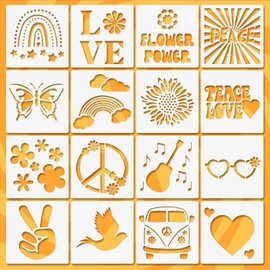 Peace and Love Stencils, 16 Pcs Hippie Stencils, Boho Groovy Floral Love Reusable Plastic Stencil for Painting Paper Drawing Wall Furniture Fabric 6"x6"