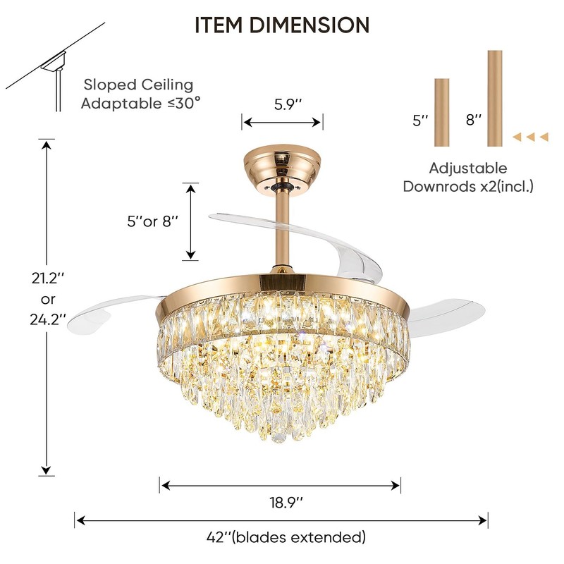42'' Chandelier Ceiling Fan with Lights, Retractable Fan with Remote