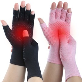 Kecartu 2 Pairs Compression Gloves for Rheumatoid Arthritis, Osteoarthritis, Carpal Tunnel Pain, Fingerless Arthritis Hand Gloves for Women Men Support Work&Computer Typing (Pure Black+Pink,Small)