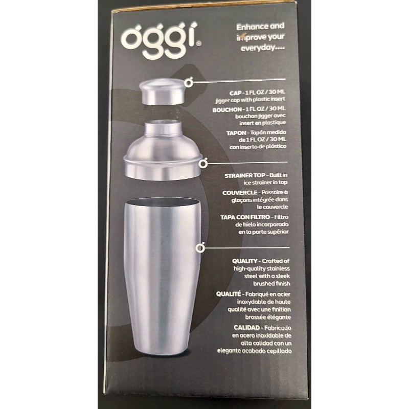 OGGI Barware .75 Lt/25 oz Classic Stainless Steel Cocktail Shaker