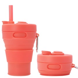 HITHOTMMA Taza de Viaje Plegable de Silicona,450ml Taza Vaso Plegable de Silicona,Con Tapa y Pajita, Sellada ya Prueba de Fugas, Reusable, Vaso Portatil Paraviajes, Camping (naranja)