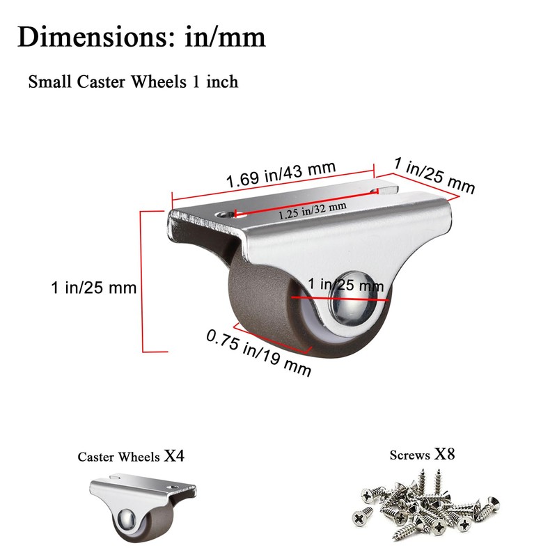 Luxinika Mini Fixed Caster Wheels 1 Inch Low Profile Small