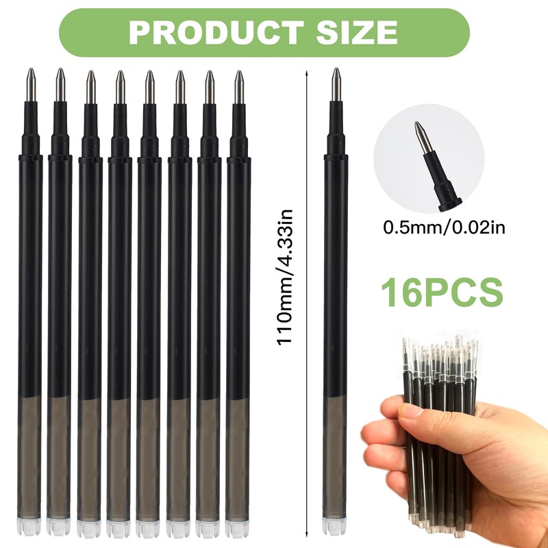 16 Pack Erasable Pen Refills, 0.5 mm Stainless Steel Tip