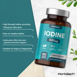 Iodine Tablets 500mcg | 180 Count | Cognitive and Energy Support | High Strength Vegan Supplement | by Horbaach