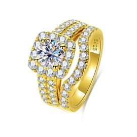 Idocare 1ct D Color All Moissanite Rings for Women Wedding Bridal Set 14K Yellow Gold Plated 925 Sterling Silver size 7