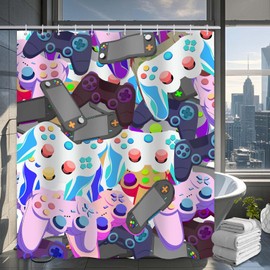 Yieldeer Cool Boys Bathroom Set, Fun Gamer Shower Curtain, Purple Gamepad Girl Game Player Shower Curtain Set Waterproof Bath Tub Curtain Kids Bathroom Decor with Hooks