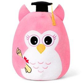 OurHonor Graduation Plush Owl Stuffed Animals, Graduation Gift Party Decoration Plush Toy Soft, Black Graduation Cap with Fringe and Diploma Class of 2025(Pink)