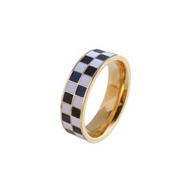 Checkerboard Bands Statement Finger Ring 14K Gold Plated Black White Titanium Steel Ring-7