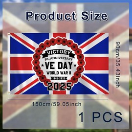 VE Day Flag 80th Anniversary Flag, 5'x3' (150x90cm) Victory In Europe Decorations 1945-2025 World War II Anniversary Flag UK Flag for Indoor/Outdoor