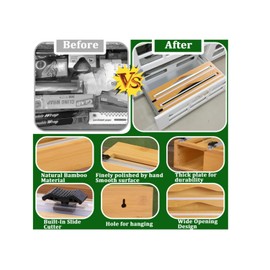 Foil and Cling Film Dispenser Cutter, 13 Inch Bamboo Plastic Wrap Dispenser for Kitchen Foil Organiser Storage Roll Cling Film Holder 2 in 1