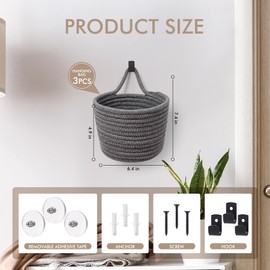 Fabric Wall Hanging Baskets - 3Pack Woven Pouchs Boho Style Wall Mounted Bag with Adhesive Hooks, Storage Organizers and Decoration Pocket Caddy Bins on Door Rack (Dark Gray & Black, Large)