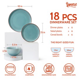 Sweese Plates and Bowls Sets, Porcelain Dinnerware Sets for 6, 18 pcs Handcrafted Glaze Embossed Dinner Set, Scratch Resistant Dishware, Dishwasher Oven Microwave Safe Ceramic Dish Set, Gradient Blue