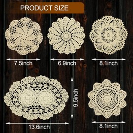 5 Piece 7 to 14 Inch Handmade Crochet Cotton Lace Doilies for Table, Beige