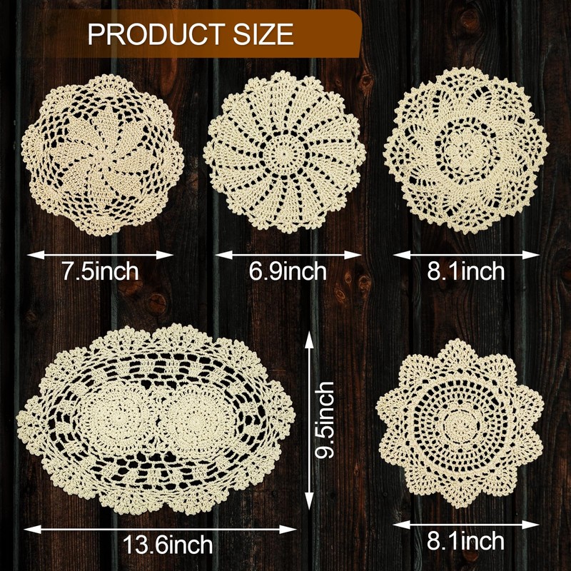 5 Piece 7 to 14 Inch Handmade Crochet Cotton Lace