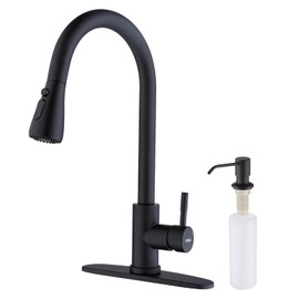 Keer Matte Black Single Handle Pull Down Kitchen Faucet with Soap Dispenser, 3 Modes Sprayer, Deep Plating Metal Finish, Easy Assembly, 20-Inch