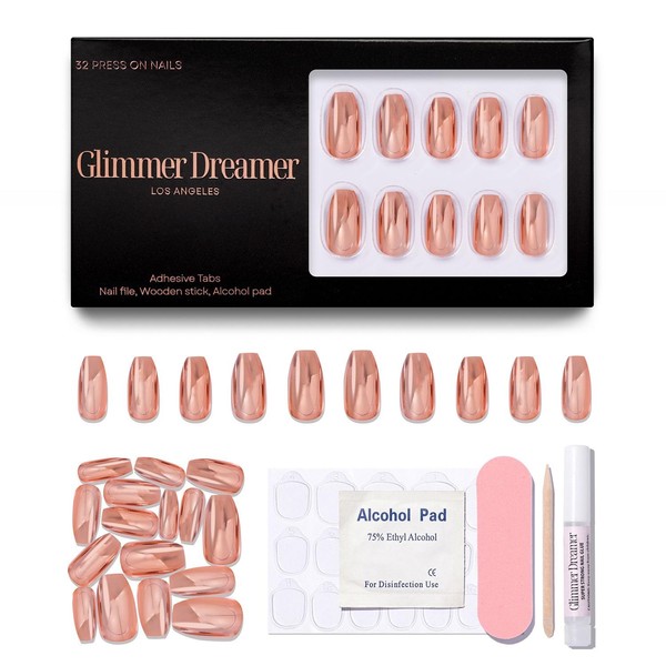 Press On Nails 32 Rose metallic – Medium Coffin I