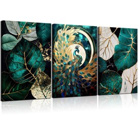 VVL 3pcs Emerald Green And Gold Wall Art Modern Abstract Gorgeous Peacock Canvas Paintings Prints Wall Decor for Living Room Bedroom Office Home Decoration