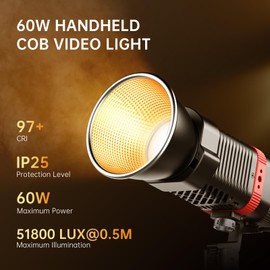GVM PL60B 60W Video Light for COB Studio Lights, Portable Photography Lighting for Recording, Handheld Led Video Lighting, 2* Batteries, Spotlight for APP Control, Outdoor, 2700-6800K, 51800LUX/0.5M