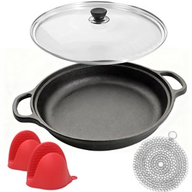 MXWLEIEL Cast Iron Skillet - Flat Bottomed Frying Pan with Assist Handles,Round Tempered Glass Lid, Cast Iron Scrubber,Silicone Oven Mitts for Stovetop,home baking ﻿ (8.5 inch)