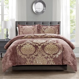 Sunshine Nicole Metallic Print Comforter Set, Distressed Velvet Face with Metallic Foil Print and Brushed Solid Microfiber Reverse, with Light Weight Soft Poly Fill, 3 Pieces Dusty Mauve Gold, King