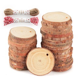 Timburst 60 Pcs Wood Slices for Crafts, 1.7"-2.1" Pre-Drilled Holes Wood Rounds, 66 FET Twine String, Wooden Circles for Crafts Burning Painting DIY Crafts Christmas Wedding Party Wedding Decor Party