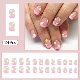RUPOFUZA Nude Pink Press On Nails Stick On Nails Short Fake Nails Design Glossy Acrylic Pink French Tips with White Flowers False Nails With Nail Glue Kit For Women 24Pcs