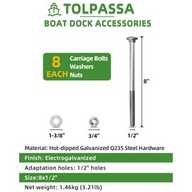 1/2" x 8" (8 pcs) Galvanized Carriage Bolt Kit, Hot Dip Galvanized Q235 Steel for Exterior Use, Rust-Resistant, Includes 1/2" M12 Flat Washers and 1/2" M12 Nuts, Ideal for Dock Maintenance