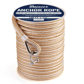 RainierSupplyCo Boat Anchor Rope - Double Braided Marine Rope Anchor Line - 100 ft x 1/2 Inch Nylon Boating Line with 316 Stainless Steel Thimble and Heavy Duty Marine Grade Bow Shackle - White/Gold
