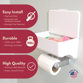 Storage Theory | Wipe Holder | Peel and Stick Adhesive Mount | Flushable Wipes and Shelf | Feminine Product Storage | Adult Wipes | Bathroom Phone Shelf | No Hardware Needed - White 1pk