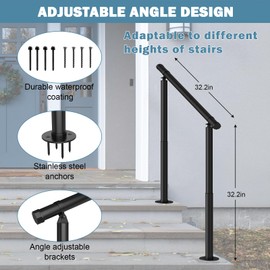 Fogein 2Pack 3 Step Hand Rails for Outdoor Steps, Black Powder Coated Metal Stair Handrail Kit with Anti-Slip, Rust-Resistant Coating and Complete Installation Support