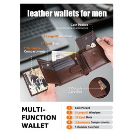 GSG SINCE 1998 Mens Leather Wallet with Coin Pocket, RFID Blocking Genuine Cowhide Bifold Wallet, Large Capacity with 17 Card Slots, 2 Large ID Windows, 2 Note Compartments, Coffee