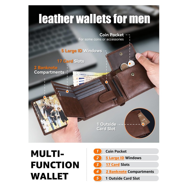 GSG SINCE 1998 Mens Leather Wallet with Coin Pocket, RFID