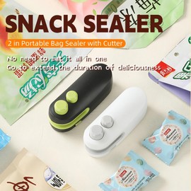Mini Bag Sealer, 2 in 1 USB Rechargeable Chip Bag Sealer Heat Seal with Cutter, Portable Snack Bag Sealer Handheld Bag Resealer Machine for Plastic Bags Snacks & Food Storage