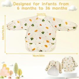 GIKPAX Weaning Bib, Soft and Skin-Friendly Baby Bibs 6-12 Months Waterproof Baby Weaning Bib PU Baby Bibs with Sleeves Washable Coverall Bibs for Baby and Toddlers Feeding (Beige)