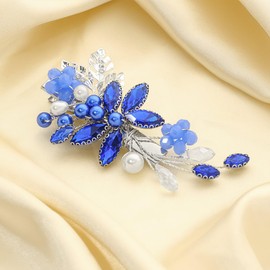 Lorealri Rhinestone Hair Clip Wedding Flower Crystal Dress Hair Accessories Sparkle Handmade Pearls Bride Bridesmaid Headpieces for Women (Blue)