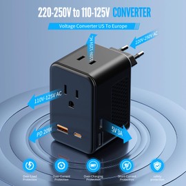 220V to 110V Voltage Converter US to Europe Travel, Adapter Plug Converter for European Travel with 20W PD & 2 USB-A & 2 USB-C Port, European Power Converter Combo USA to Spain Italy France (Black)