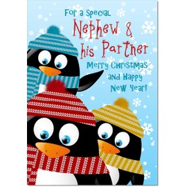 doodlecards Nephew and Partner Christmas Card Three Penquins Medium Size Christmas Card for Nephew & Partner with Plain Envelope