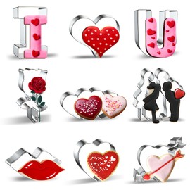 9 Pieces Valentine's Day Cookie Cutters Set, Mini Stainless Steel Romantic Cookies Cutter includes Arrowed Heart, Couple, Heart, I Love You, Lips, Twin Hearts, and Rose Baking Mold Decorations