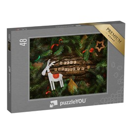 puzzleYOU: Puzzle 48 Pieces "Merry Christmas, Greeting Card with Rustic Wood and Ornaments"
