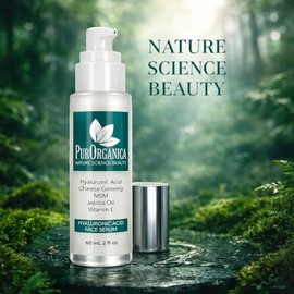 PurOrganica Hyaluronic Acid Serum for Face - Double-Size 2 Fl Oz (60 mL) Hydrating Facial Serum - Visibly Plumps & Smooths for Dewy Glow - Lightweight