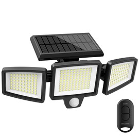 Solar Motion Sensor Outdoor Lights, 2500LM 210 LED Flood Light with Remote, IP65 Waterproof, 3-Head, 270° Wide Angle for Garage, Yard, Porch