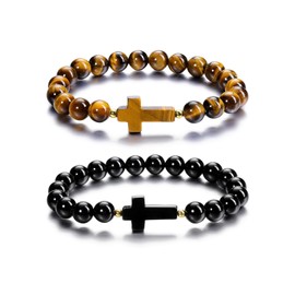 Jovivi Mens Bracelets Jewellery Gifts for Men,Black Obsidian Tiger Eye Cross Crystal Beaded Bracelets for Women Man Gifts for Boyfriend Dad Fathers Day Anniversary Valentines