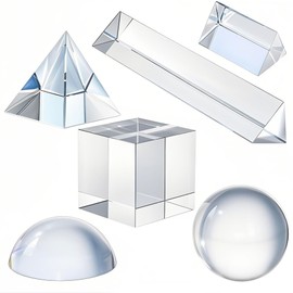 QFkris 6 Pack K9 Optical Crystal Photography Prism Set, Include 50mm Crystal Ball, Cube,Optical Pyramid, 50mm & 150mm Triangular Prism,60mm Dome Magnifying with Cloth for Teaching, Playing