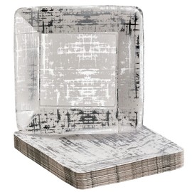 SILVER SPOONS Metallic Abstract Design Square Disposable Paper Plates (18 Pc) Heavy Duty Paper Plates 7 inch, Disposable Party Dessert Plates for Birthday, for Baby Showers& Events - Silver - Arctic