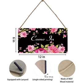 Mdulftar Pink Peony Flower Welcome Door Sign Come In Front Door Hanger Sign 12" x 6" Farmhouse Floral Wooden Hanging Sign Office Home Porch Window Decor