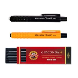 KOH-I-NOOR Mephisto 5301 - Set of 3, Plastic Mechanical Pencil Lead 5.6 mm and Refills - orange and black and pack of 6 leads 2B,4B,6B